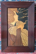 RARE PLAQUE EN MARQUETERIE : LA FUMEUSE DE CHARLES SPINDLER / XIXE / ART NOUVEAU