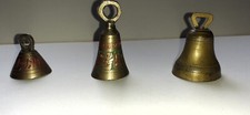 Three Antique Mini Bells from Sarna, India, Chiseled Brass