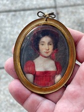 Miniature Painting 19th Century First Empire Portrait Young Woman in Red Dress
