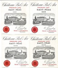 4 labels Château Bel-Air Haut-Néac by Pomerol 1929,1931,1934,1936. Rare lot.