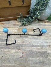 Vintage Wrought Iron Wall Coat Rack - 3 Hangers Blue Retro Wooden Balls