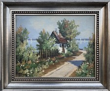 Impressionniste Paysage D'Été Maisonnette Avec Jardin Plupart Mer Côte Voiliers