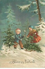 Christmas - Meron Natale - Children cutting fir trees and putting them on a sledge