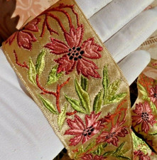 OLD RIBBON ST ETIENNE DECOR GARLAND OF FLOWERS ART NOUVEAU SILK WOVEN 1900