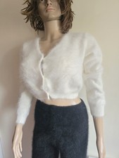 Beautiful Soft Wedding Angora Fluffy Cardigan Bolero Jumper Sweater White L 