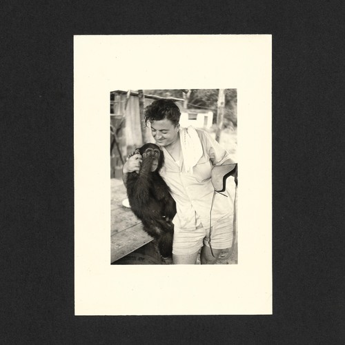 Homme pose avec - , singe