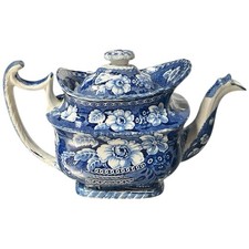 Antique 1820s Blue Staffordshire Transferware Tea Pot Adams Flower Basket