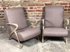 Fauteuils (la paire) en chêne brut courbé et tissus chiné tissé beige et marron