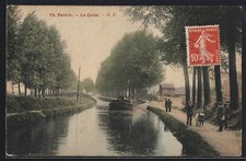 Old postcard Pantin, Le Canal with houseboat and walkers 