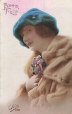 CP PINK BON FETE PORTRAIT WOMAN HAT BLUE MAKEUP RED-LIPPED FUR