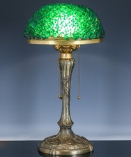 FABULOUS LARGE ART DECO CZECH GREEN BAKELITE BEADED FLOWERS & BRONZED TABLE LAMP