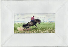 MONGOLIE !  PEINTURE AQUARELLE signée, cavalier, cheval, steppe, yourtes