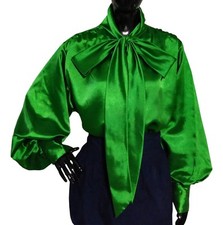 Green Women Satin Bow Tie Blouse Pussy Bow Silk Classic Cocktail Vintage Shirt