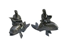 Paire brule parfum japonais bronze Meiji sage immortel chevauchant carpe koi 