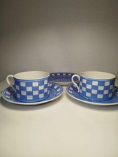 2 tasses anciennes Digoin Sarreguemines Art déco, damier bleu et blanc
