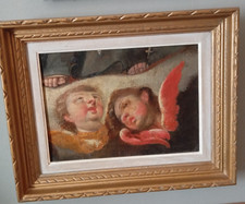 Antique oil painting on canvas, 2 heads of angels