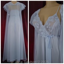 2pc Vintage CHIFFON Gown SET Sheer PEIGNOIR Robe Floral LACE Slip Dress ~S/M 