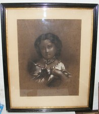 TABLEAU DESSIN FUSAIN CRAIE XIXe SIGNÉ-PORTRAIT FILLE CHATON DANS LES BRAS 