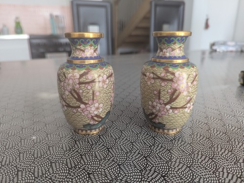 Paire vase émail - en, décor
