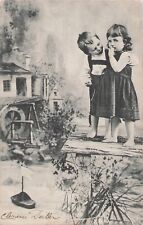 CP LITTLE GIRL GARCON BAREFOOT ON PONTOON PLAYING BOAT MINIATURE MILL