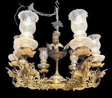 Élégant lustre ancien en bronze à six lumières avec caratiades - style Liberty