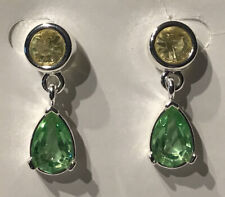 Vintage Rare Signed MONET Earrings Silver Plated Yellow Green Swarovski Crystals