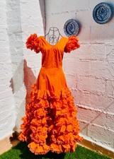 Vintage Flamenco Dress: Solid Orange, Short Sleeves, Feria Gitana, Waist 28", 40