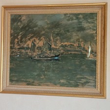 Maurice LOUVRIER grand tableau peintre ECOLE DE ROUEN les voiliers sur la Seine