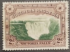 A DECENT SOUTHERN RHODESIA 1932 VICTORIA FALLS 2d USED STAMP SG29 GREEN+CHOCOLAT