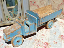 ANTIQUE TOY, PAINTED WOOD TILTING TRAILER TRUCK circa 1920