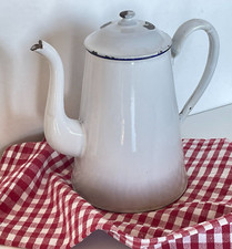 Antique Enameled Sheet Metal Coffee Maker - White with Blue Bordered Fine - 1920/30's