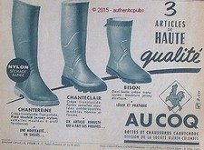ADVERTISEMENT AU COQ RUBBER SHOE BOOT CHANTECLAIR 1957 FRENCH AD PUB