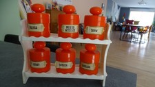 ETAGERE LOT 6 POT EPICES ANNEES 70 ORANGE VINTAGE POIVRE THYM PAPRIKA