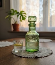 Vintage Retro Style Relief Green Glass Carafe or Bottle 70s