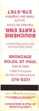 Canada Bronzage Soleil St-Paul Boucherie Tarte Enr. Vintage Matchbook Cover