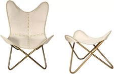 Set De Chaises Papillon En Cuir Et Pouf | Chaise Longue Vintage Fait Main