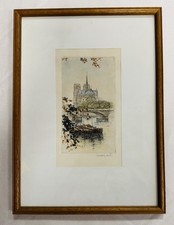 Hand Coloured Etching by Henri Le Riche ‘View Across Seine’ Paris, Signed