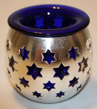 PartyLite P0473 Evening Star Candle Holder Cobalt Blue Silvertone Cut out Stars