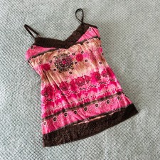 vintage retro y2k light pink/brown lace trip babydoll tank top wmns L Currants