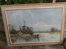 Large Oil On Canvas Painting Belgian Impressionist Painter Mill by the Edge of the L