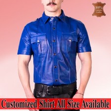 Men's Real Leather Blue Police Shirt BLUF Cuir Shirt Bikers Soft Lambskin Slim
