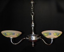 Rare 1940s French art deco chrome plated 3-branch chandelier hand moulded shades