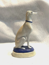 Antique Greyhound Whippet Dog Figurine Sitting w Blue Collar & Gold Trim on Base