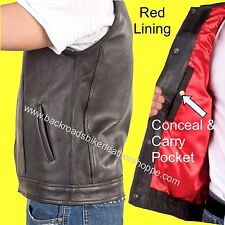 LEATHER MOTORCYCLE BIKER CLUB VEST OUTLAW STYLE GUN PKT 1 PIECE BACK- RED LINING