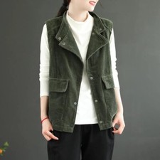 Femme Cargo Velours Gilet Veste Gilet Col Montant Bouton Décontracté