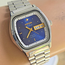 Vintage ENICAR De Luxe men's automatic watch day/date barrel cas Blue dial 1970s