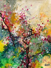 Peinture sur papier Branche fleurie style impressionniste art floral déco murale