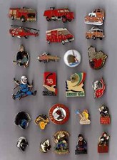 Lot of 24 firefighter / fire brigade pins (truck, helmet, helicopter...)