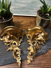 Paire de Petites Consoles Murales Etagères Bois Doré Rocaille