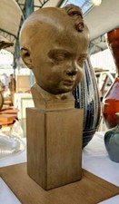 Sculpture buste RAYMOND RAFFOUR statue terre cuite tête enfant XXE Art Déco 31cm